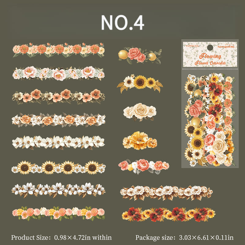 Orange floral long strip planner sticker NO.4 – aesthetic paper sticker for bullet journals, A6/B5 planners, scrapbooks, and mobile cards