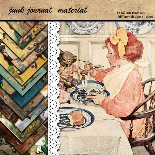 12PCS Vintage Children Illustration Scrapbook Paper