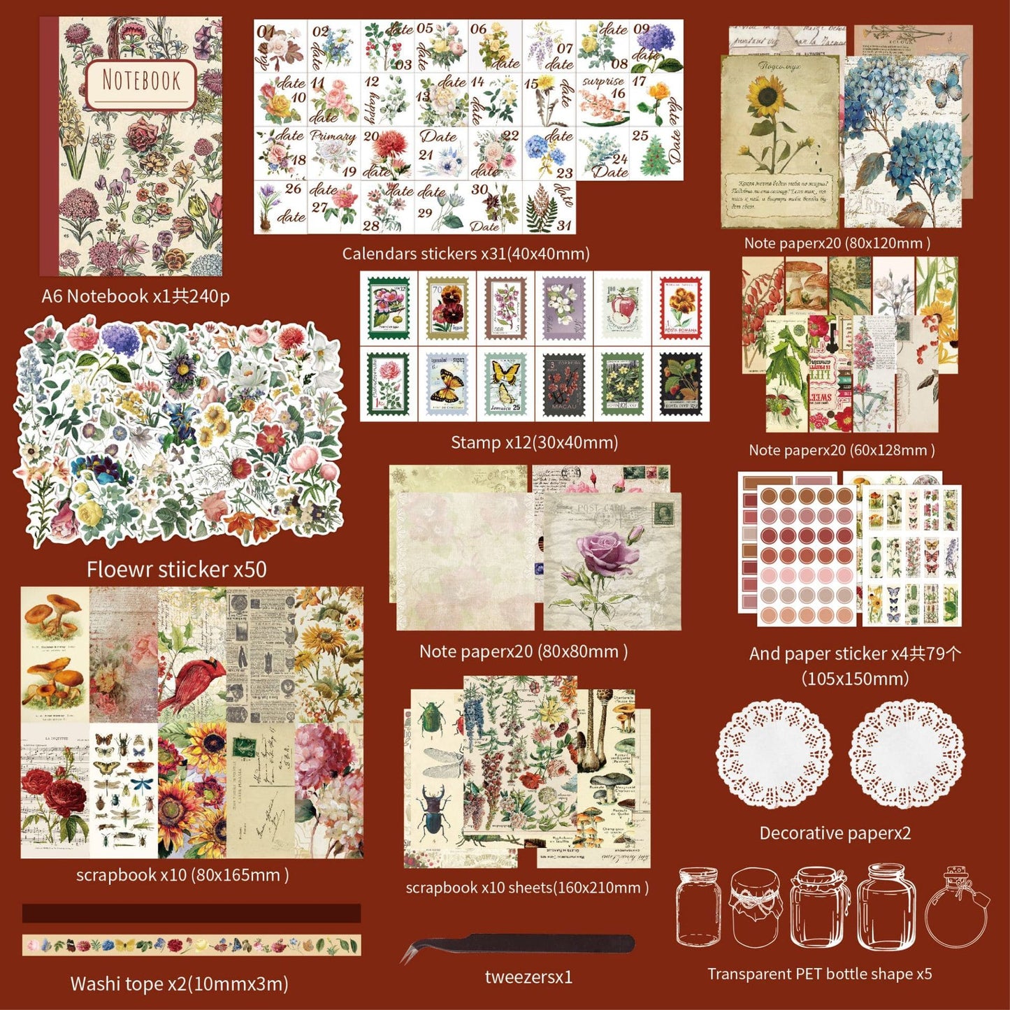 265PCS Vintage Floral Plant Series Scrapbook Box