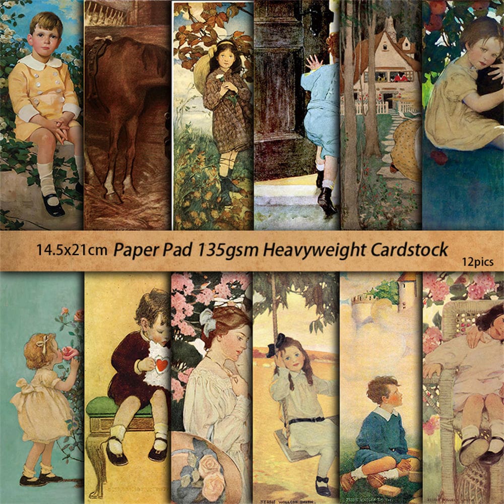 12PCS Vintage Children Illustration Scrapbook Paper