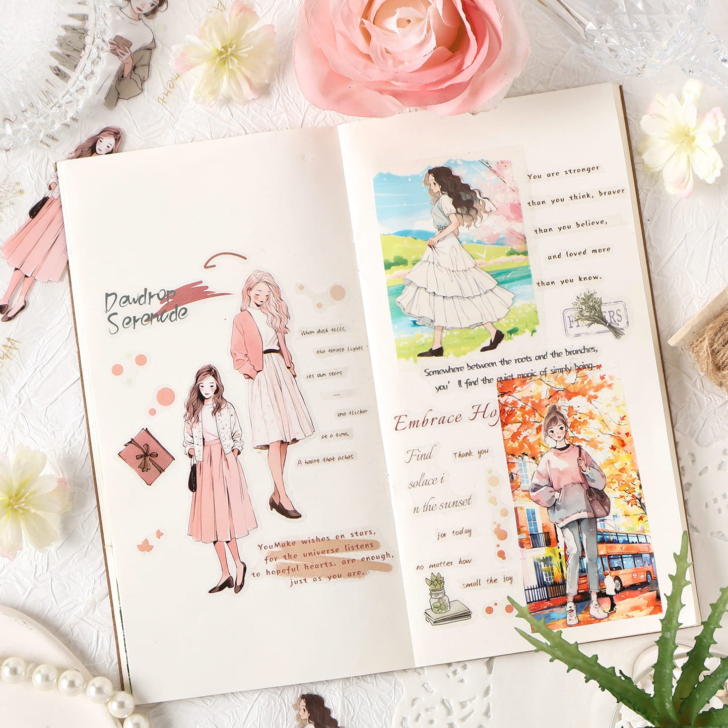 PET tape applied in bullet journal pages with character designs