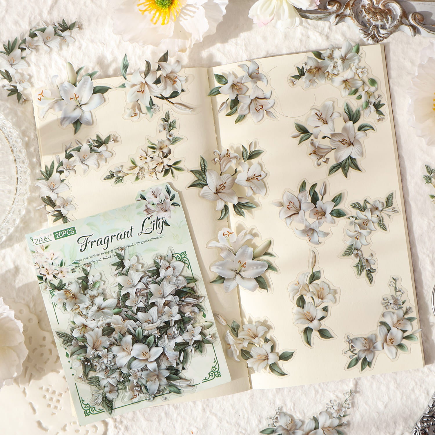 Flat lay of vintage flower stickers set