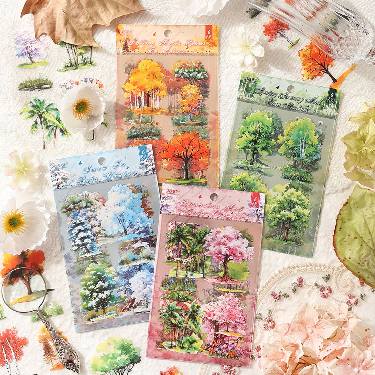 Four Seasons Trees PET Stickers Set – decorative stickers for journaling and scrapbooks