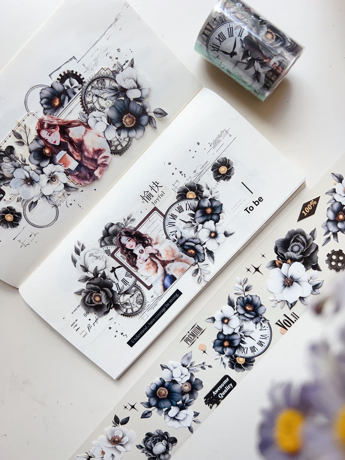 Black and White Flowers PET Tape