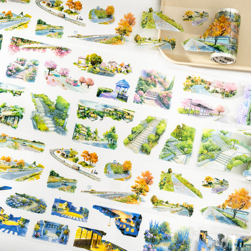 Seasonal landscape PET tape – spring, sunshine, autumn, and night scenic designs