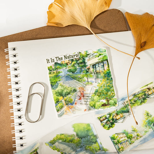 Close-up of transparent PET tape with scenic landscape print