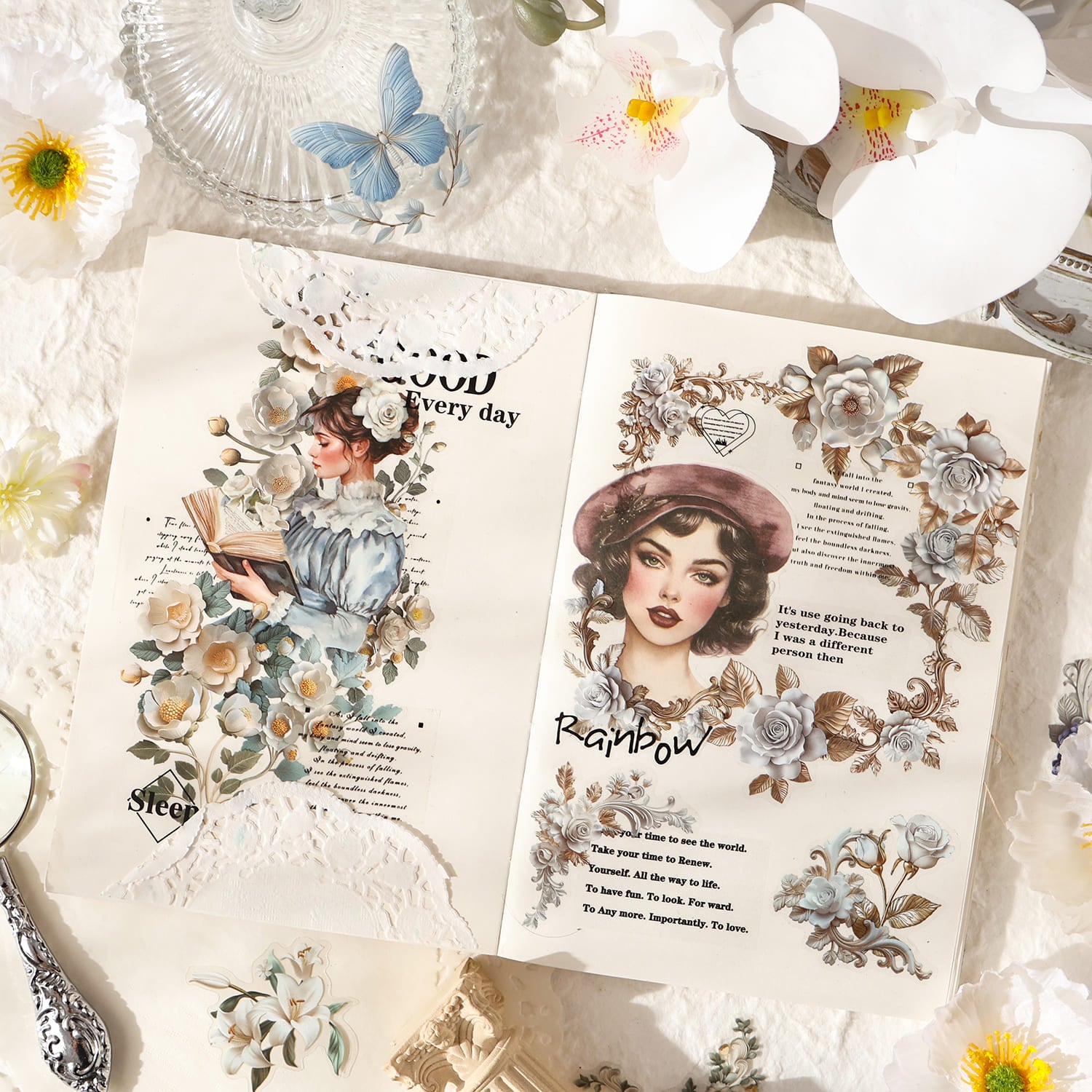 Journaling page decorated with floral stickers