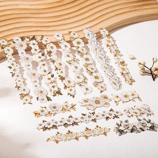 Flat lay of vintage floral planner stickers – aesthetic setup for bullet journals, A6/B5 planners, scrapbooks, and mobile cards