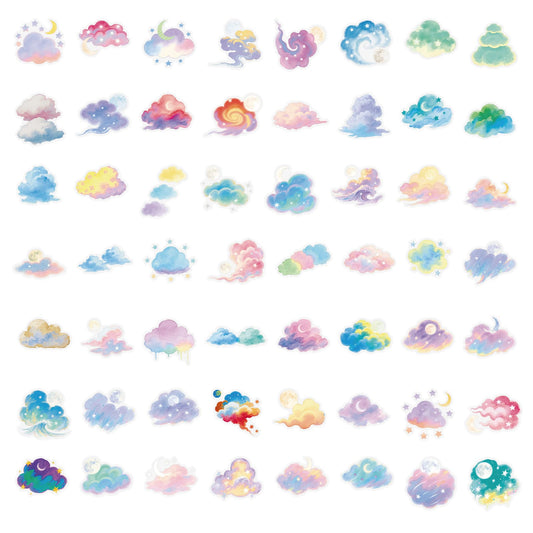 Flat lay of watercolor cloud sticker pack – 56 pieces