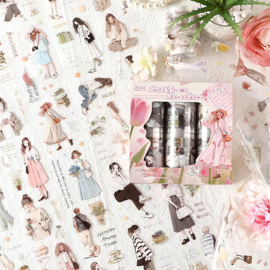 Die-Cut Character PET Tape Set flat lay – decorative tape for journaling and scrapbooks