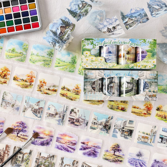 Close-up of urban and countryside PET tape rolls with spring to winter designs