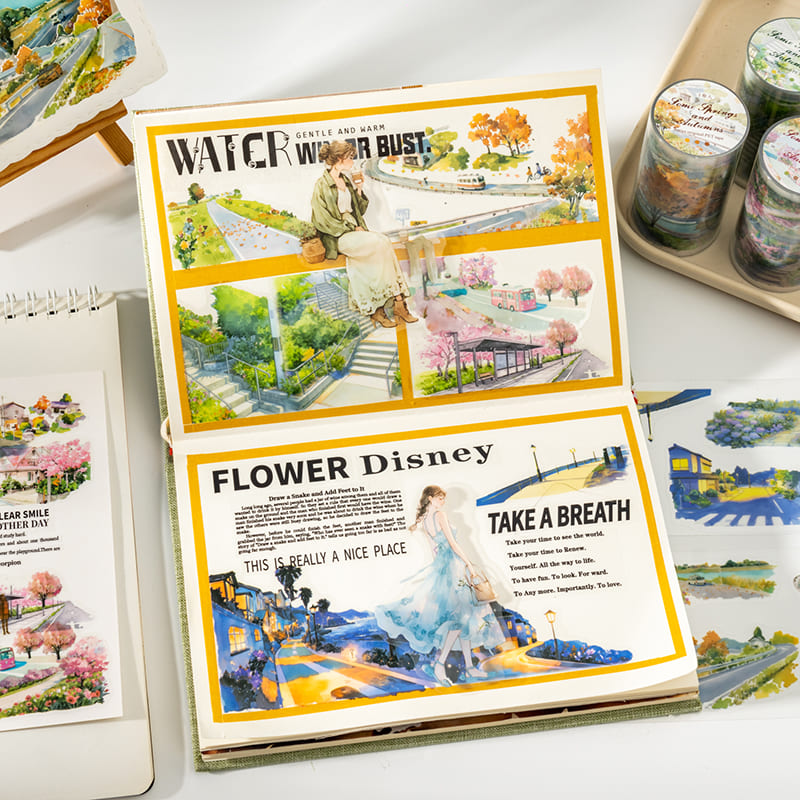 Journal pages decorated with seasonal landscape PET tape