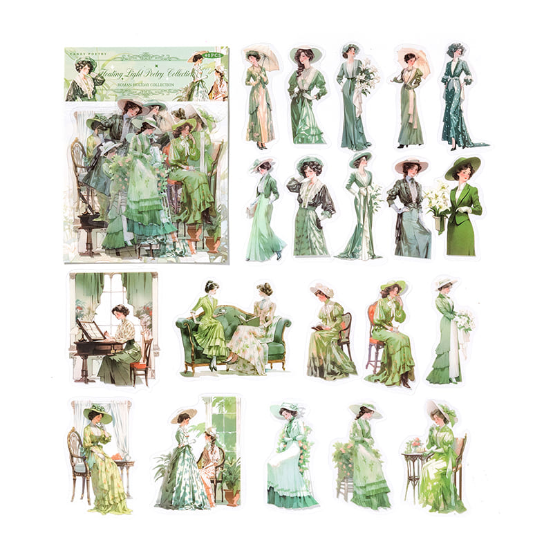 Green tone Roman Holiday character stickers