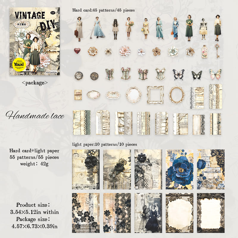55PCS Vintage Hard Card Material Pack