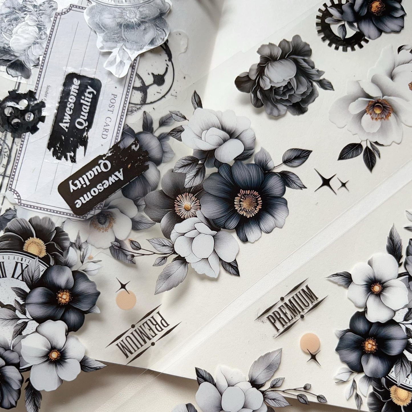 Black and White Flowers PET Tape