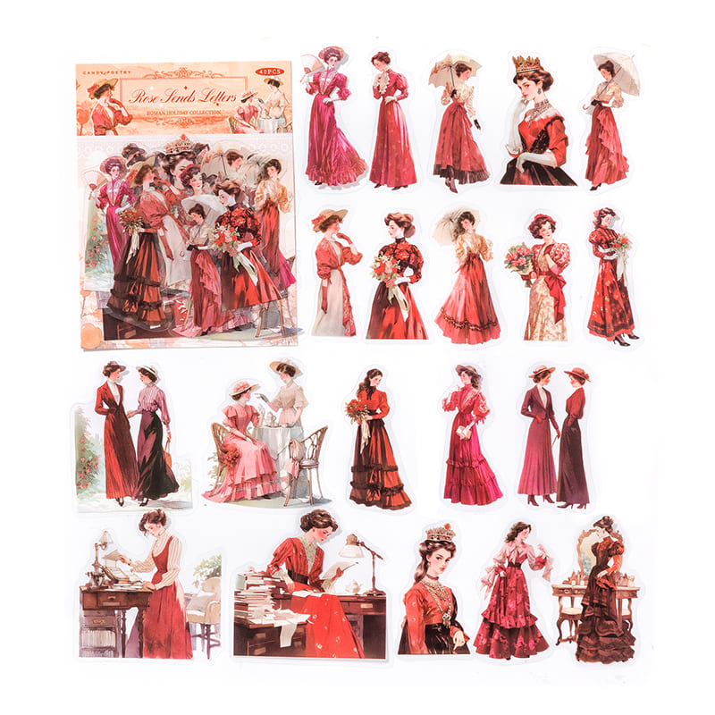 Red tone PET girl stickers for journaling