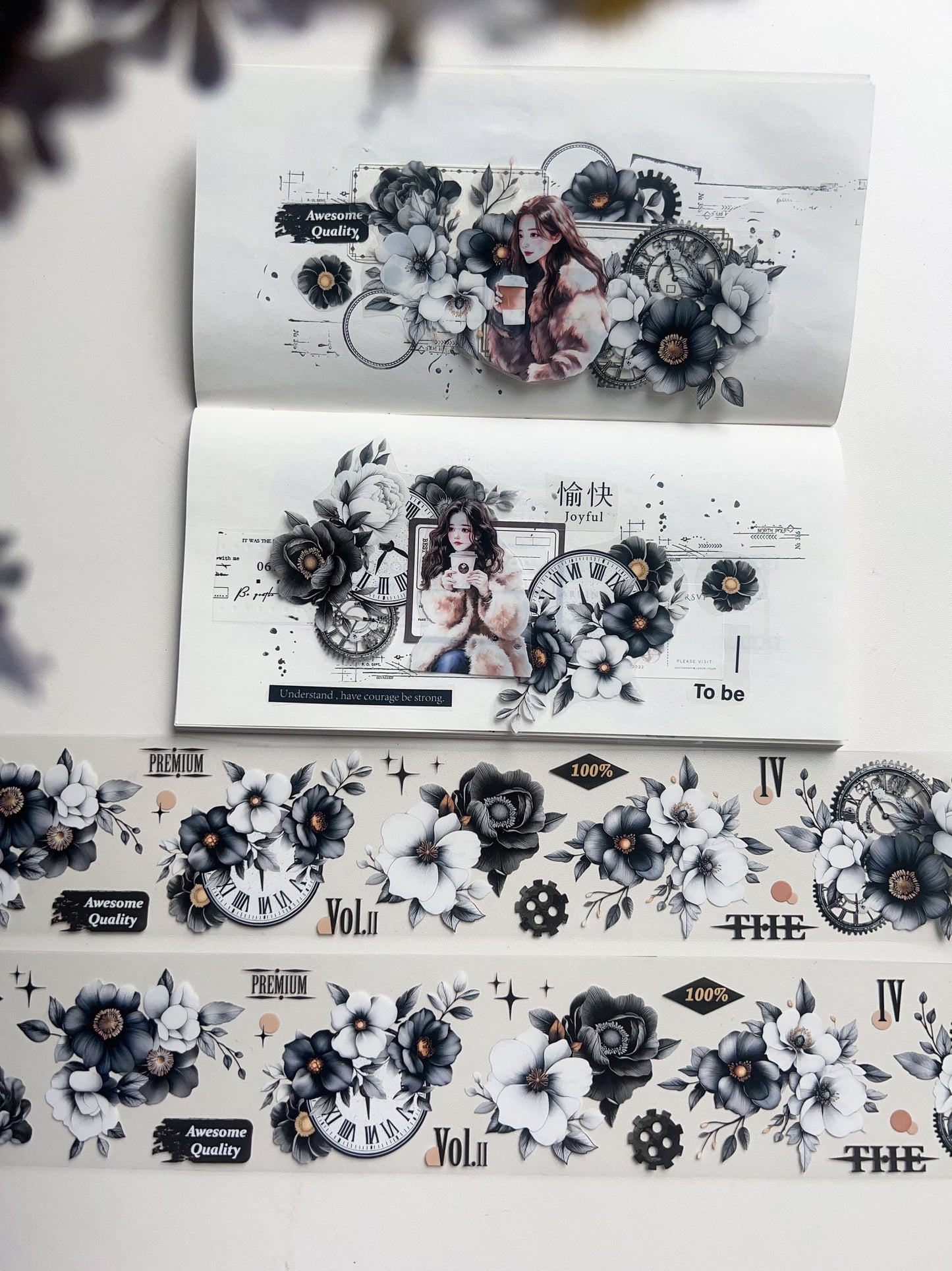 Black and White Flowers PET Tape