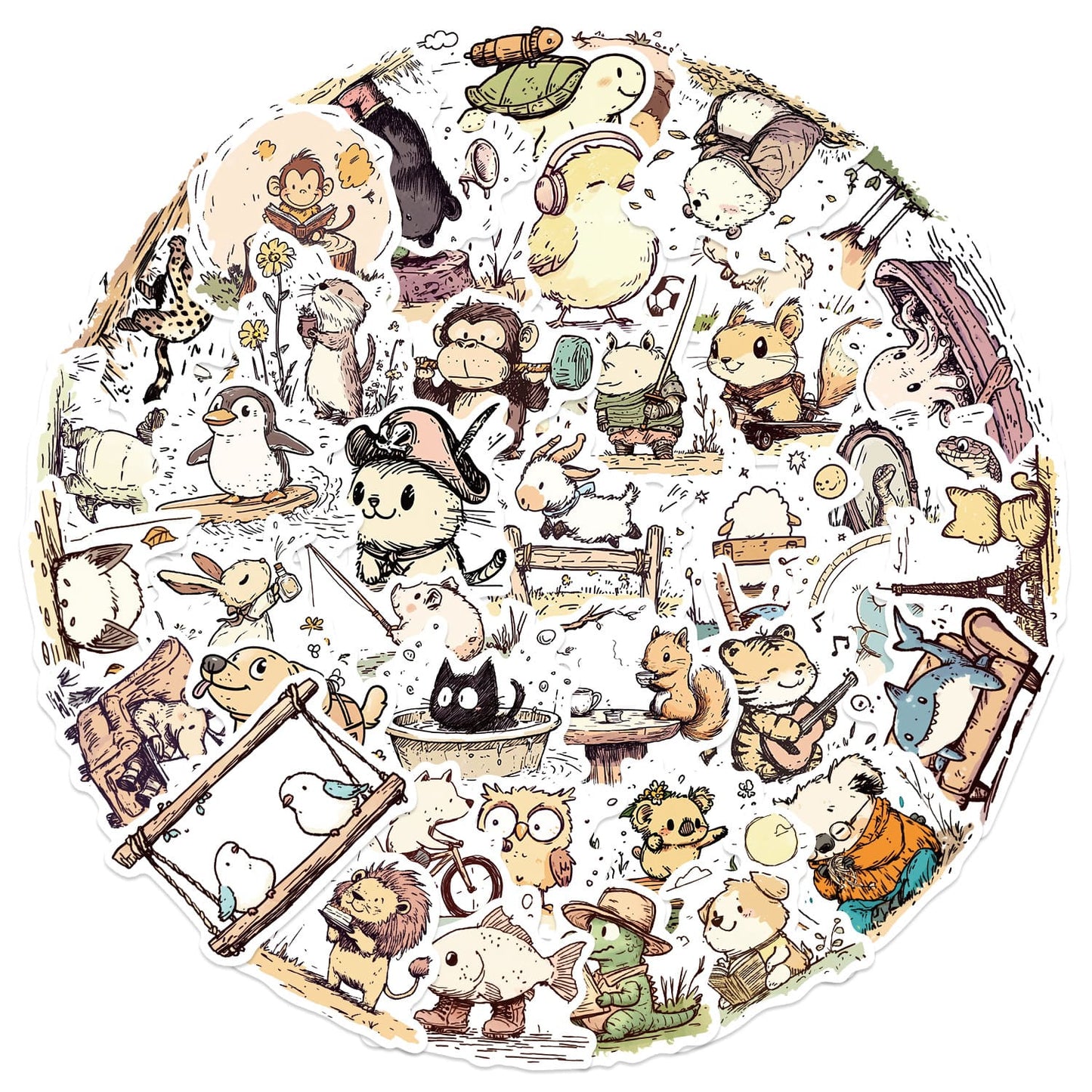 50PCS Cartoon Animal Line Art Doodle Stickers
