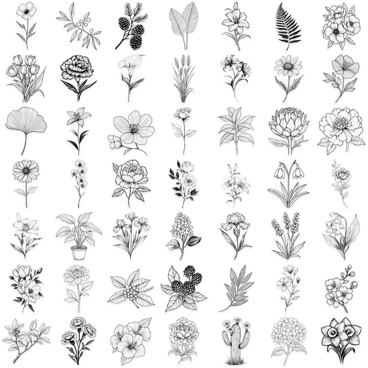 50PCS Black and White Plants Stickers