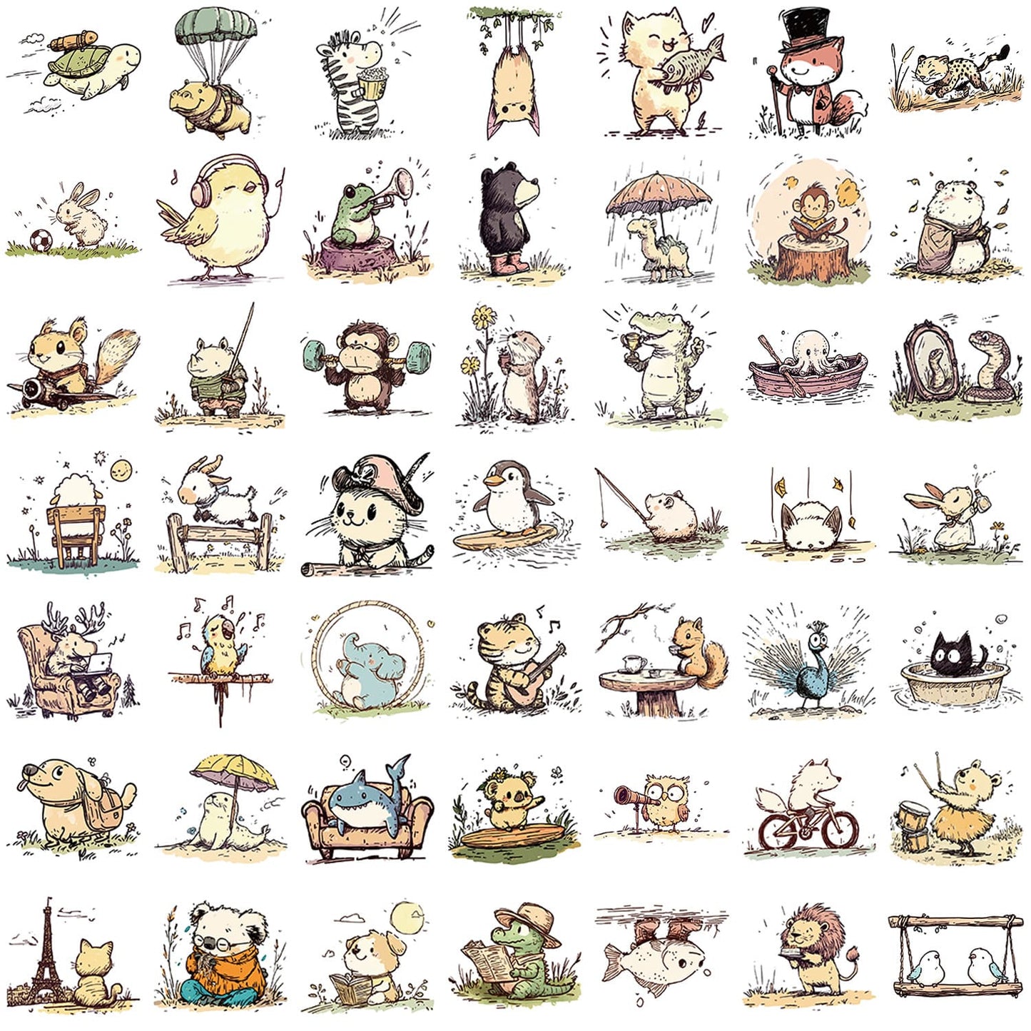 50PCS Cartoon Animal Line Art Doodle Stickers