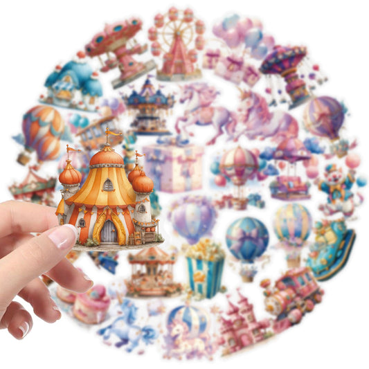 Close-up of amusement park journaling stickers with carnival designs