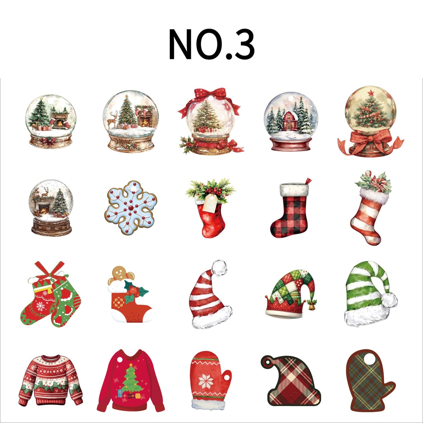 Christmas Theme Sticker NO.3 – 20 stickers with stockings, snow globes, candy canes. Ideal for bullet journals, scrapbooks, water bottles, and gift wrapping. Durable material keeps colors vibrant.