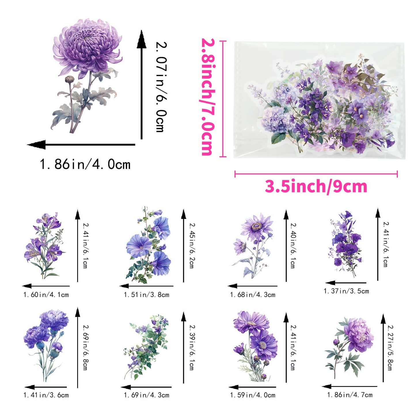 50PCS Purple Flower Stickers Pack