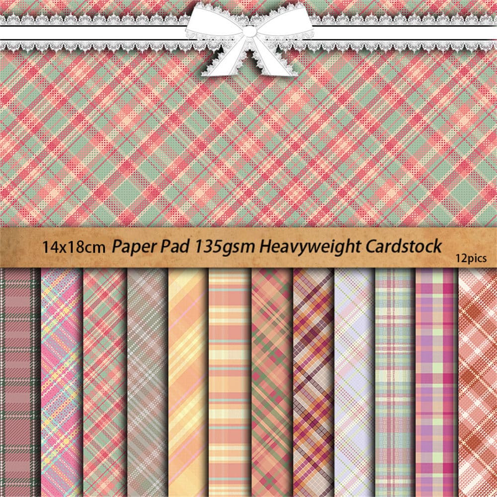 12PCS  Pink Plaid Scrapbook Paper
