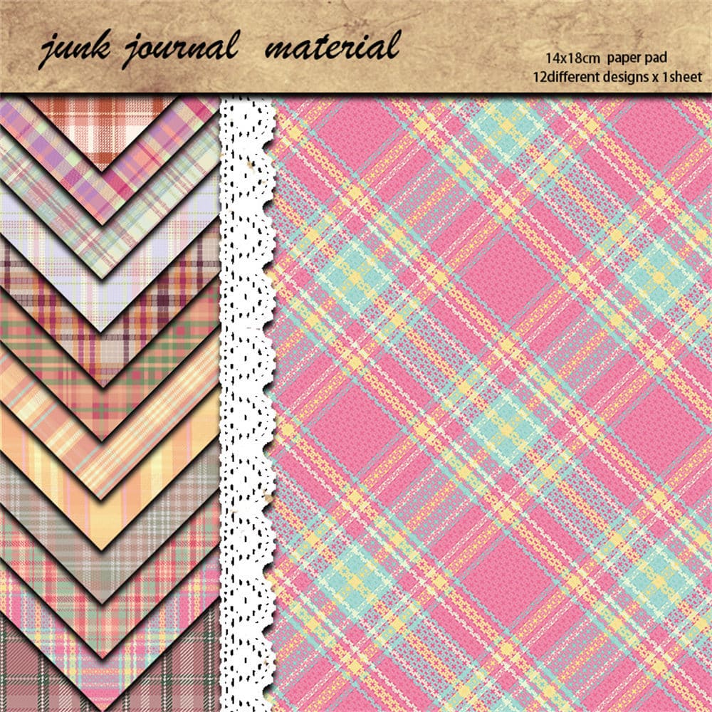 12PCS  Pink Plaid Scrapbook Paper