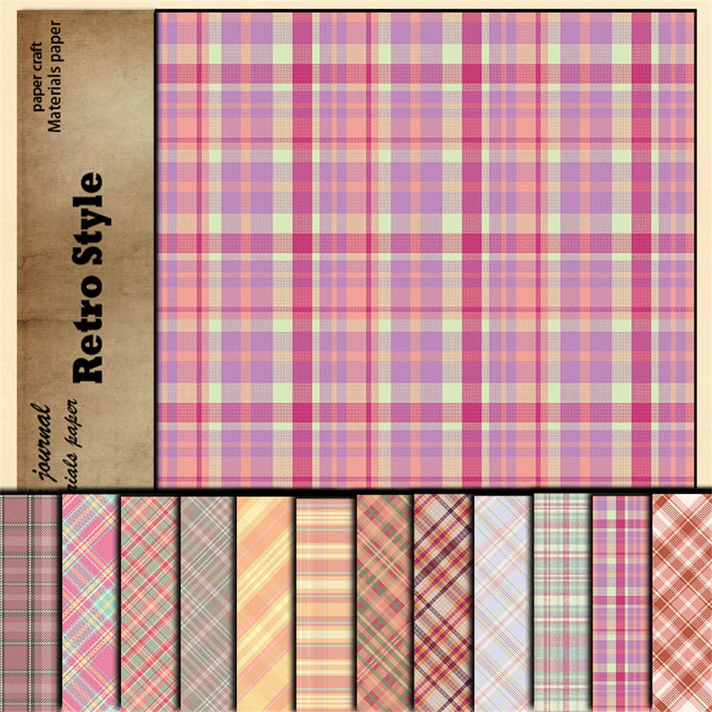 12PCS  Pink Plaid Scrapbook Paper