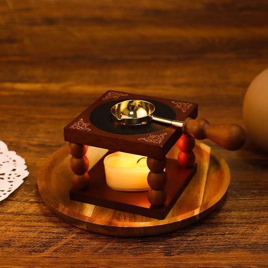 Retro Beech Wood Wax Melter Set