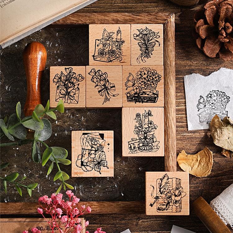 8-PCS Butterflies Dancing Among Flowers Wooden Stamps