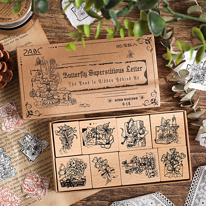 8-PCS Butterflies Dancing Among Flowers Wooden Stamps