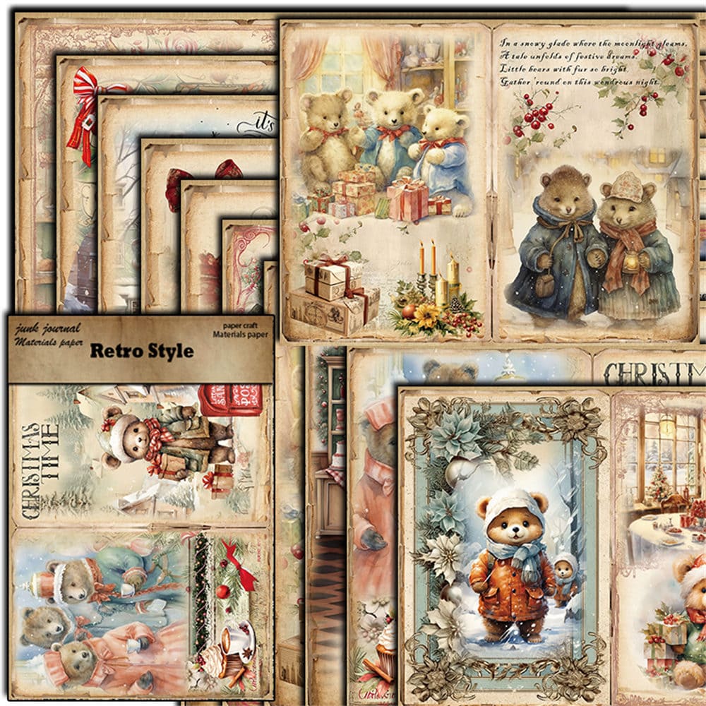 10PCS Vintage Teddy Bear Scrapbook Paper