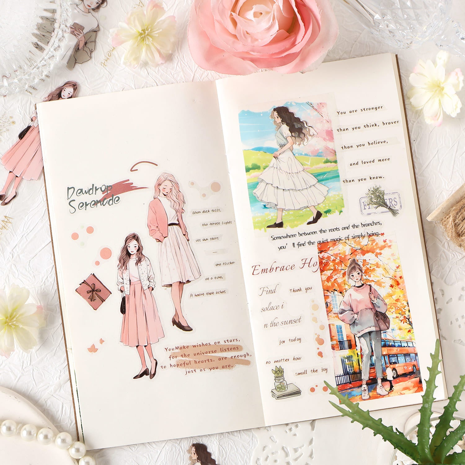 PET tape applied in bullet journal pages with character designs