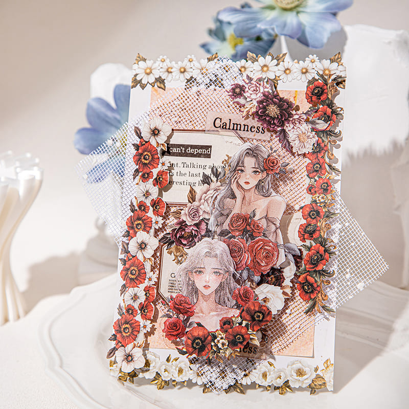 Journal with vintage floral stickers – long strip paper stickers for A6/B5 planners, scrapbooks, and mobile cards