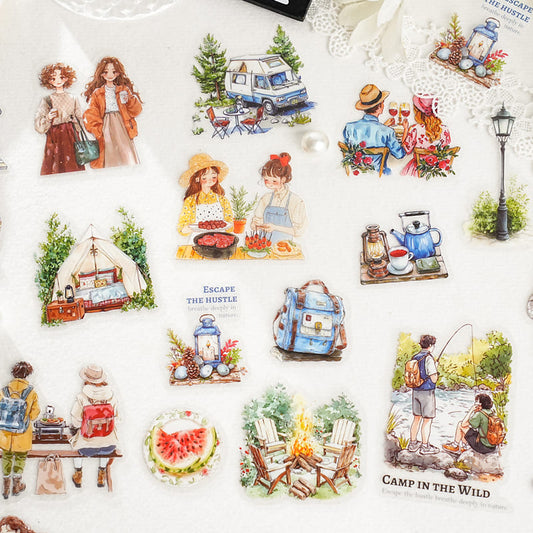 Flat lay of leisure gathering PET stickers – cozy lifestyle journaling decoration