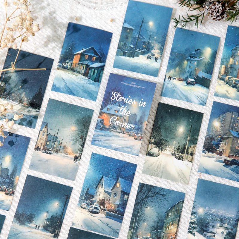 Winter night cityscape with cold, serene atmosphere