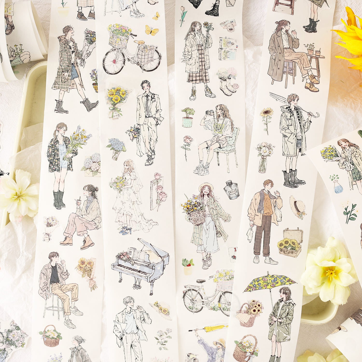 Floral Moments" die-cut tape featuring characters enjoying bouquets