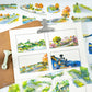 Flat lay of seasonal PET tape roll showing four landscape patterns
