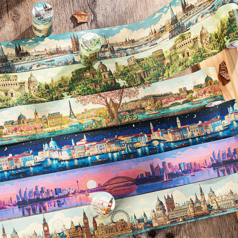 World Tour Landmarks Washi Tape roll showing 6 city skylines