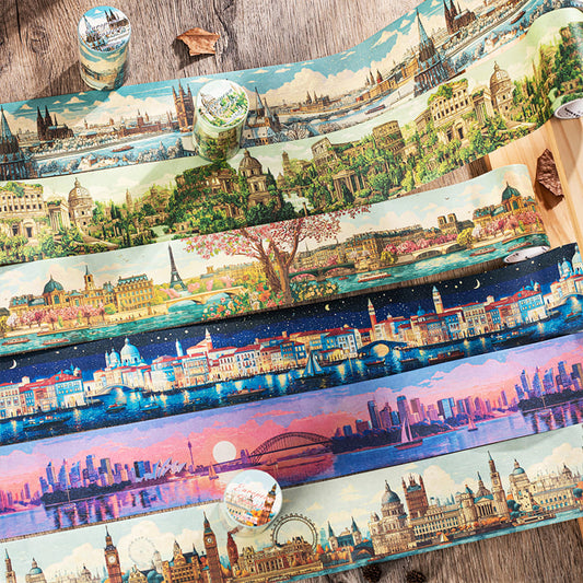 World Tour Landmarks Washi Tape roll showing 6 city skylines