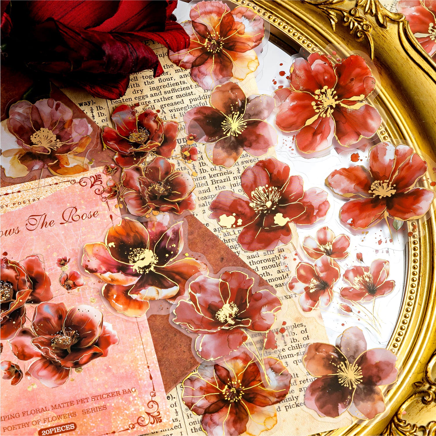 Flat lay of gold foil floral stickers – various designs for DIY crafts and scrapbooking.