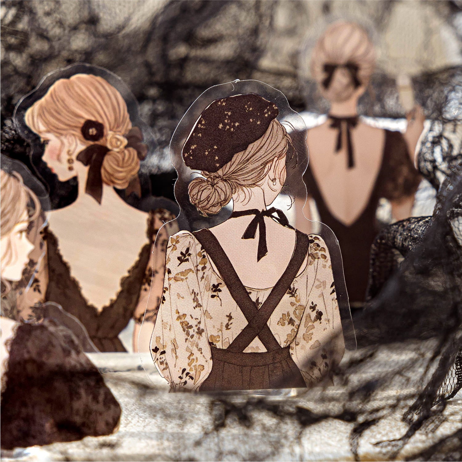 Close-up of backview character sticker designs