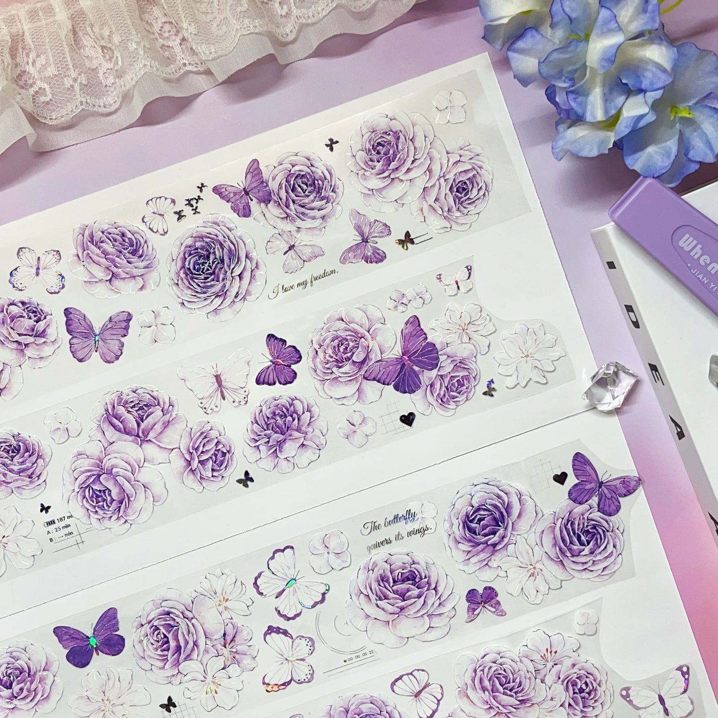 Floral Bloom Die-Cut PET Tape – White & Purple (One Cycle)