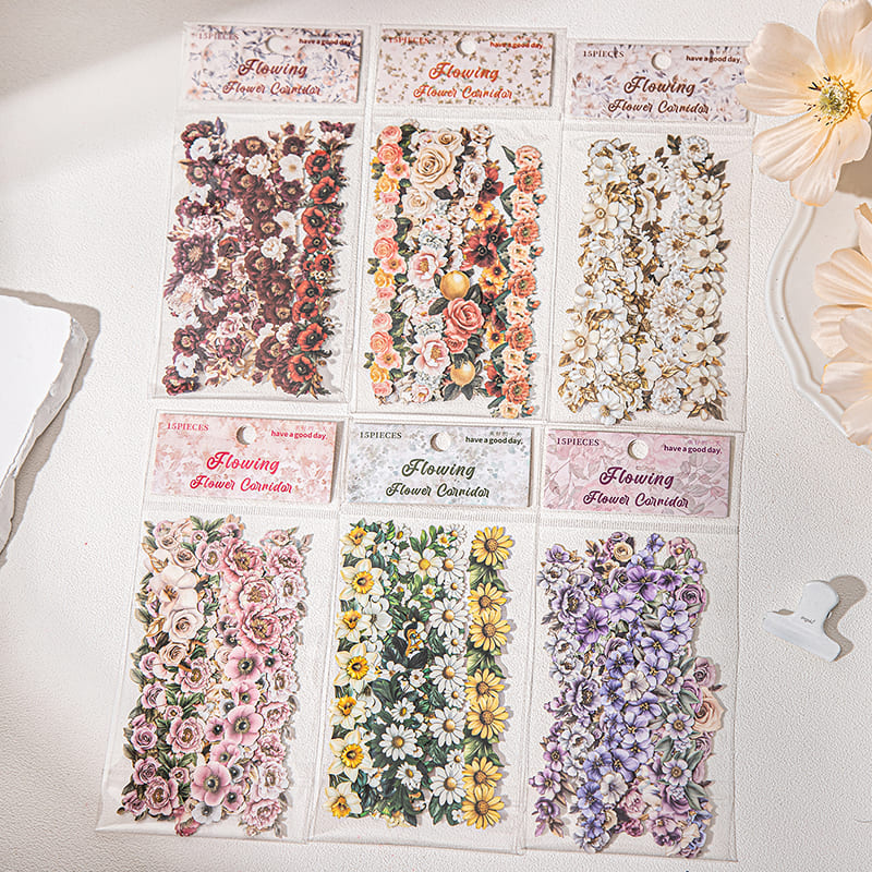 Full set of vintage floral planner stickers – 6 long strip designs for bullet journals, A6/B5 planners, scrapbooks, and mobile cards