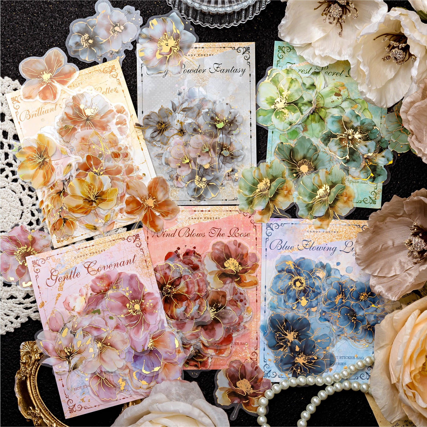 All gold foil floral sticker designs – complete set for various creative projects.