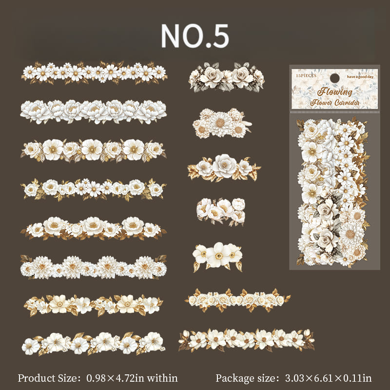 White floral long strip planner sticker NO.5 – decorative paper sticker for bullet journals, A6/B5 planners, scrapbooks, and mobile cards