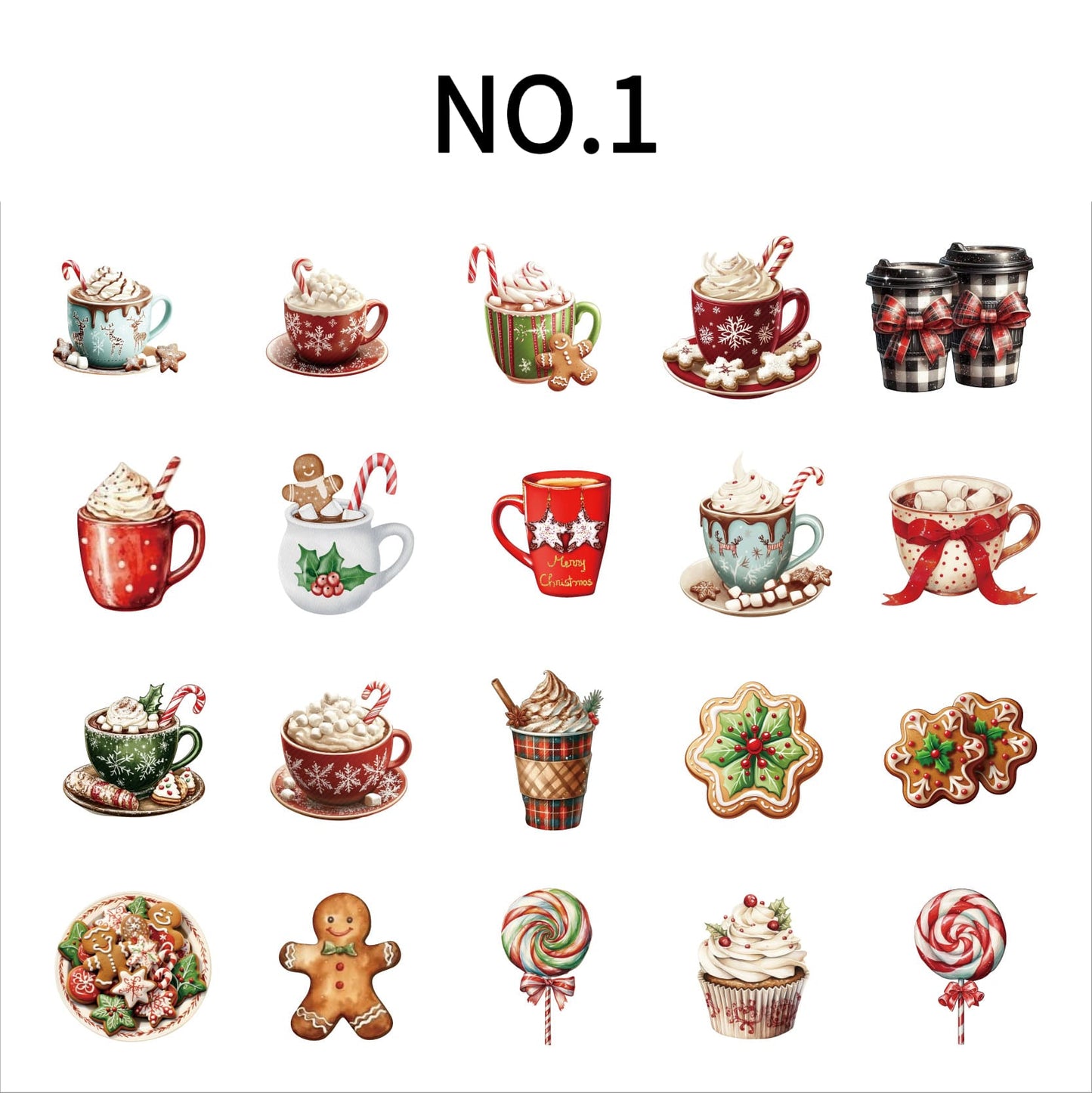 Christmas Theme Sticker NO.1 – 20 stickers with coffee, gingerbread men, lollipops, and other festive elements. Perfect for bullet journals, planners, phone cases, and water bottles. Durable hard card material.