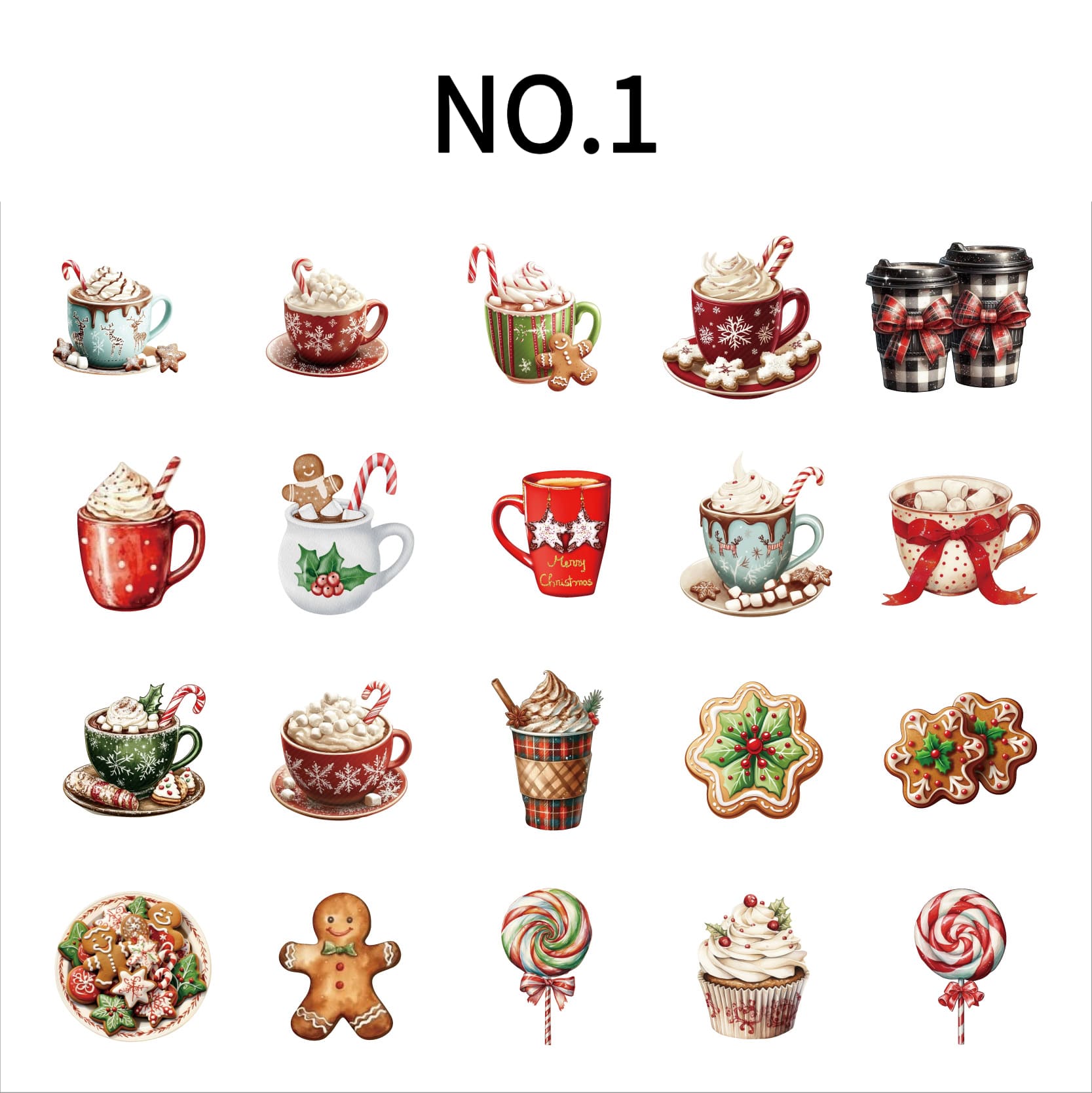 Christmas Theme Sticker NO.1 – 20 stickers with coffee, gingerbread men, lollipops, and other festive elements. Perfect for bullet journals, planners, phone cases, and water bottles. Durable hard card material.